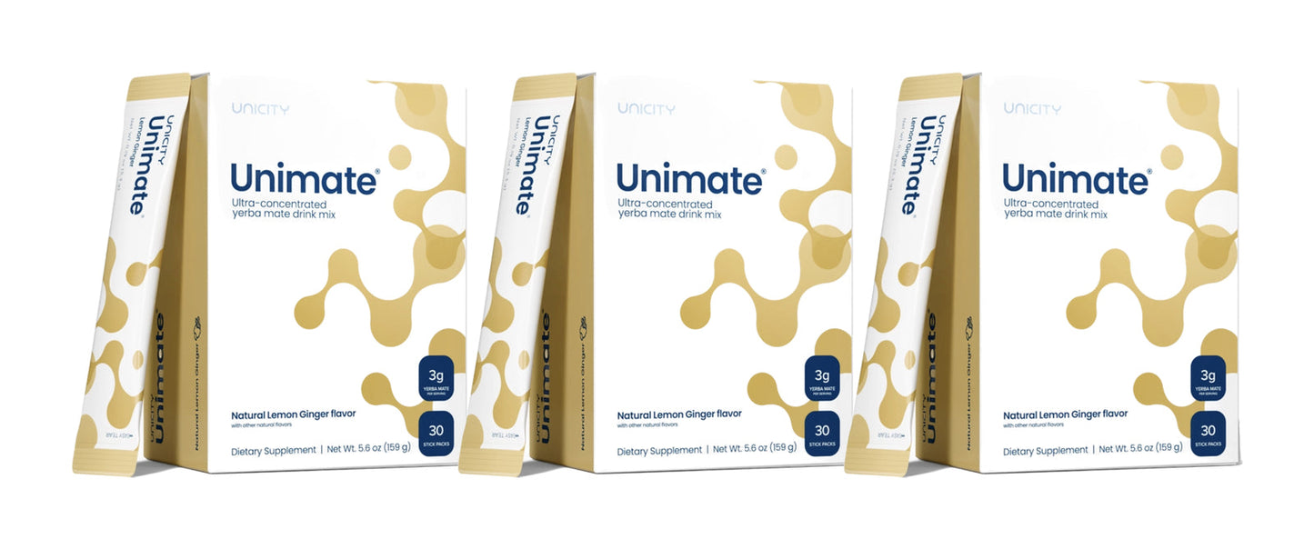 Unicity Unimate Lemon Ginger Flavor Yerba Mate Energy Drink Mix - 30 Stick Packs