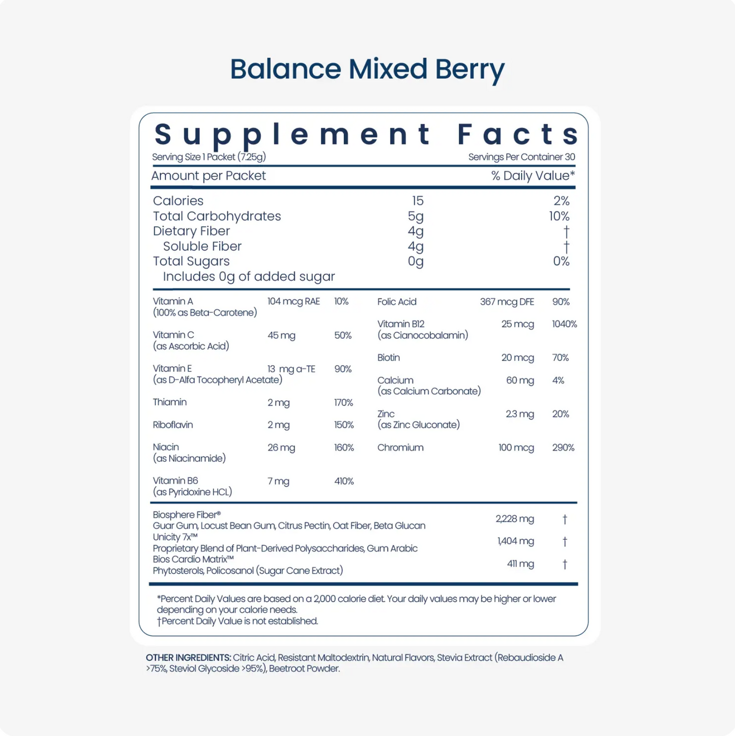 Unicity Balance Mixed Berry Flavor Fiber Supplement Drink Mix - 30 Stick Packs