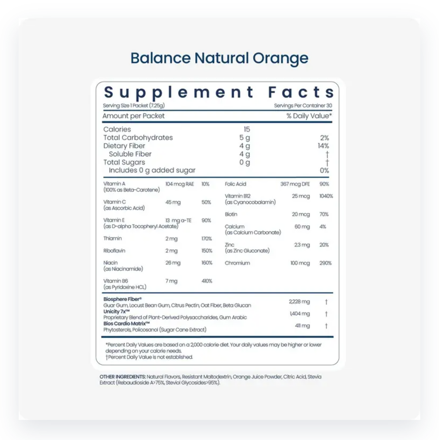 Unicity Balance Natural Orange Flavor Fiber Supplement Drink Mix - 30 Stick Packs