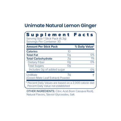 Unicity Unimate Lemon Ginger Flavor Yerba Mate Energy Drink Mix - 30 Stick Packs