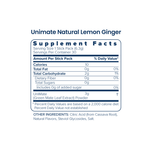 Unicity Unimate Lemon Ginger Flavor Yerba Mate Energy Drink Mix - 30 Stick Packs