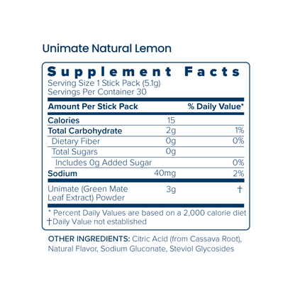 Unicity Unimate Natural Lemon Flavor Yerba Mate Energy Drink Mix - 30 Stick Packs
