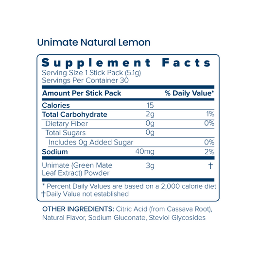 Unicity Unimate Natural Lemon Flavor Yerba Mate Energy Drink Mix - 30 Stick Packs