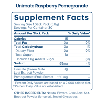 Unicity Unimate Raspberry Pomegranate Flavor Yerba Mate Energy Drink Mix - 30 Stick Packs