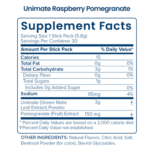 Unicity Unimate Raspberry Pomegranate Flavor Yerba Mate Energy Drink Mix - 30 Stick Packs